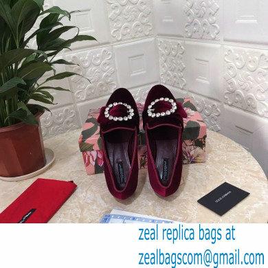 Dolce  &  Gabbana Velvet Crystals Loafers Slippers Burgundy 2021